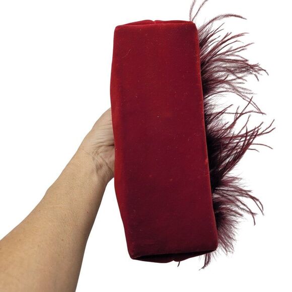 Vtg BeBe Red Maroon Wine Velvet Evening Bag Feather Fringe Formal Shoulder Bag - Picture 11 of 16